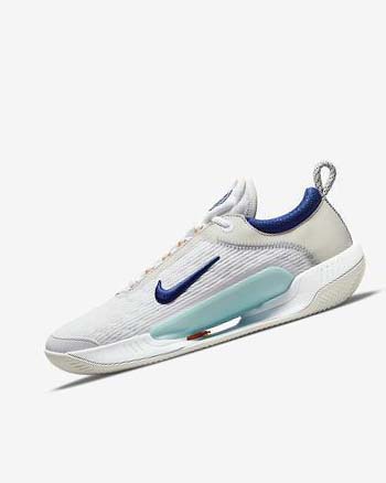 White / Light Beige / Turquoise / Deep Royal Blue Men's Nike Court Zoom NXT Tennis Shoes | UK2429