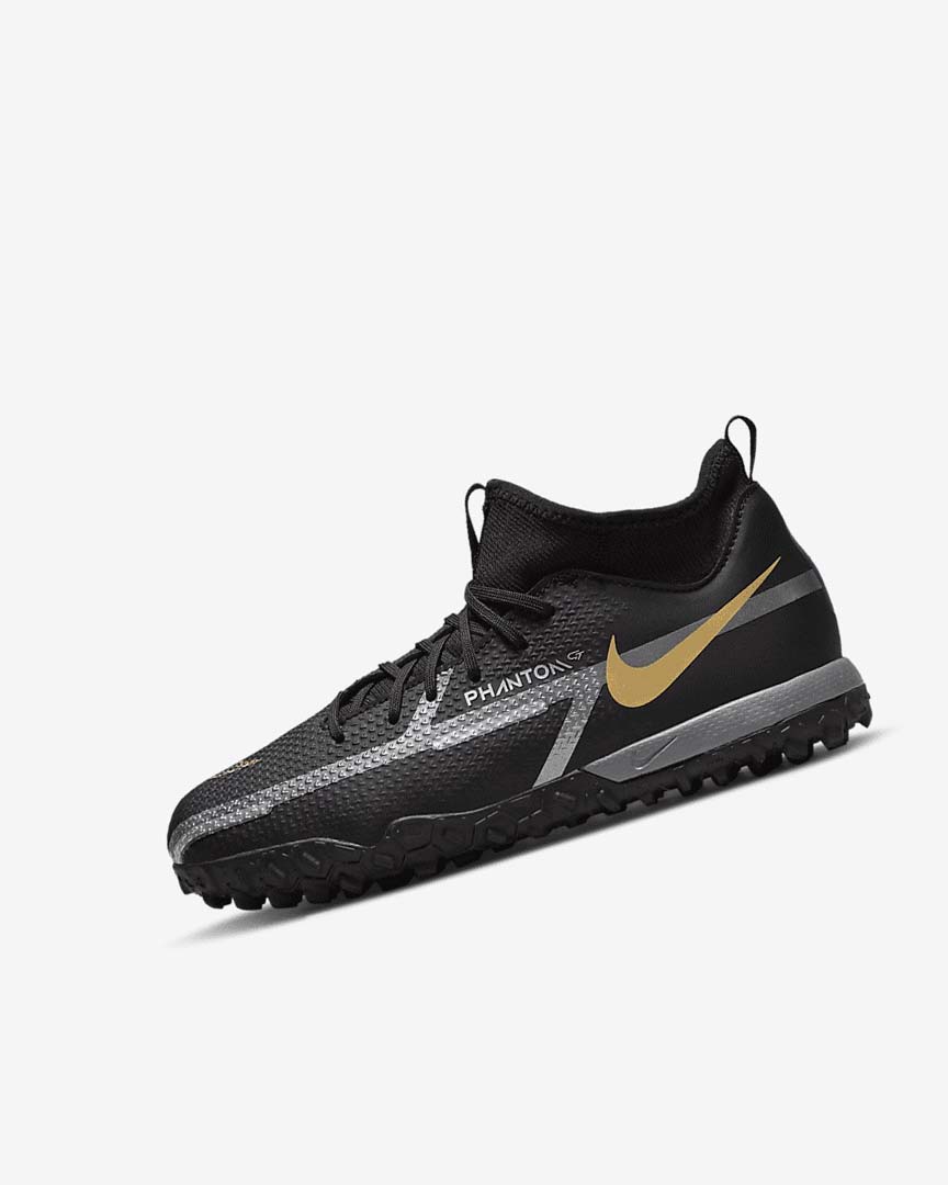 Black / Metal Gold / Dark Grey / Metal Dark Grey Girls\' Nike Jr. Phantom GT2 Academy Dynamic Fit TF Football Shoes | UK5373