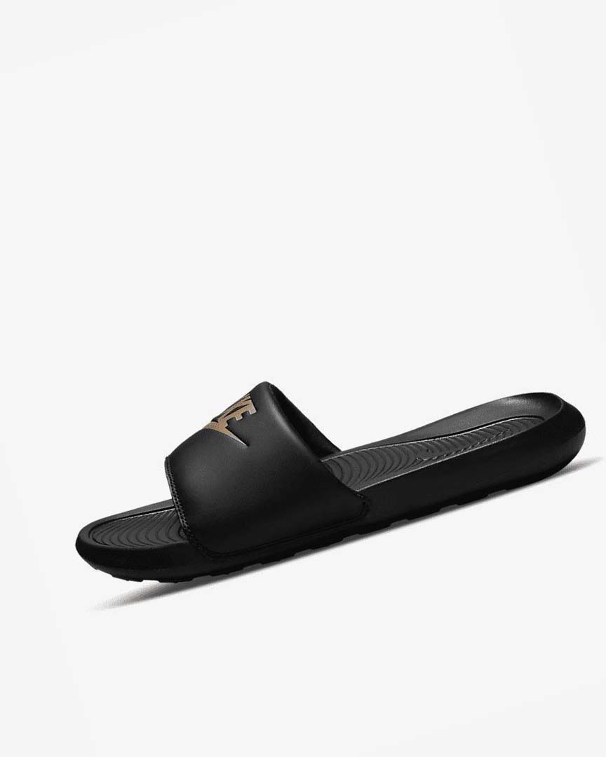 Black / Metal Gold Men\'s Nike Victori One Slides | UK5496