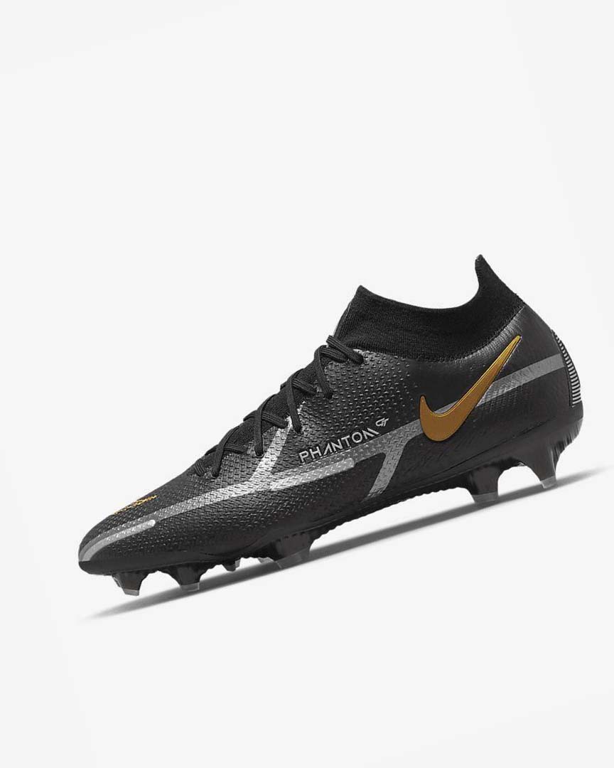 Black / Metal Gold / Metal Silver / Metal Dark Grey Men\'s Nike Phantom GT2 Dynamic Fit Elite FG Football Boots | UK1186