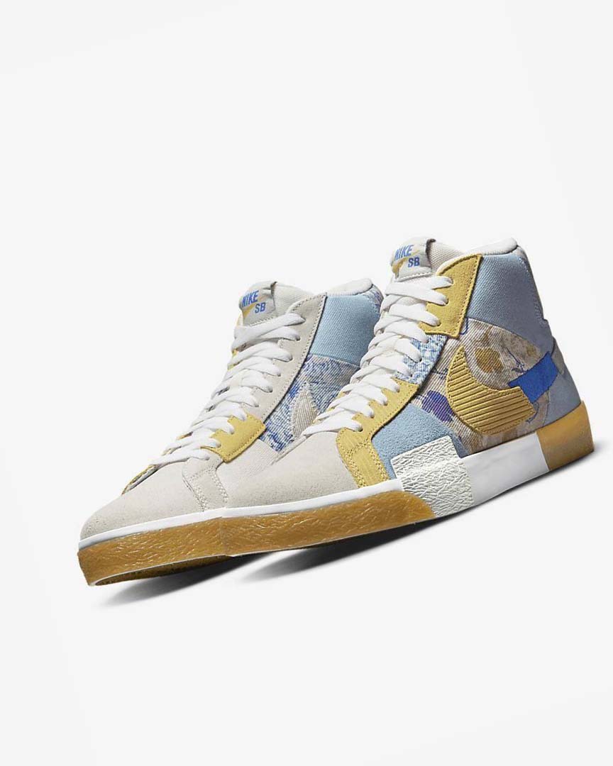 Blue / Grey / Yellow Men's Nike SB Zoom Blazer Mid PRM Skate Shoes | UK3014