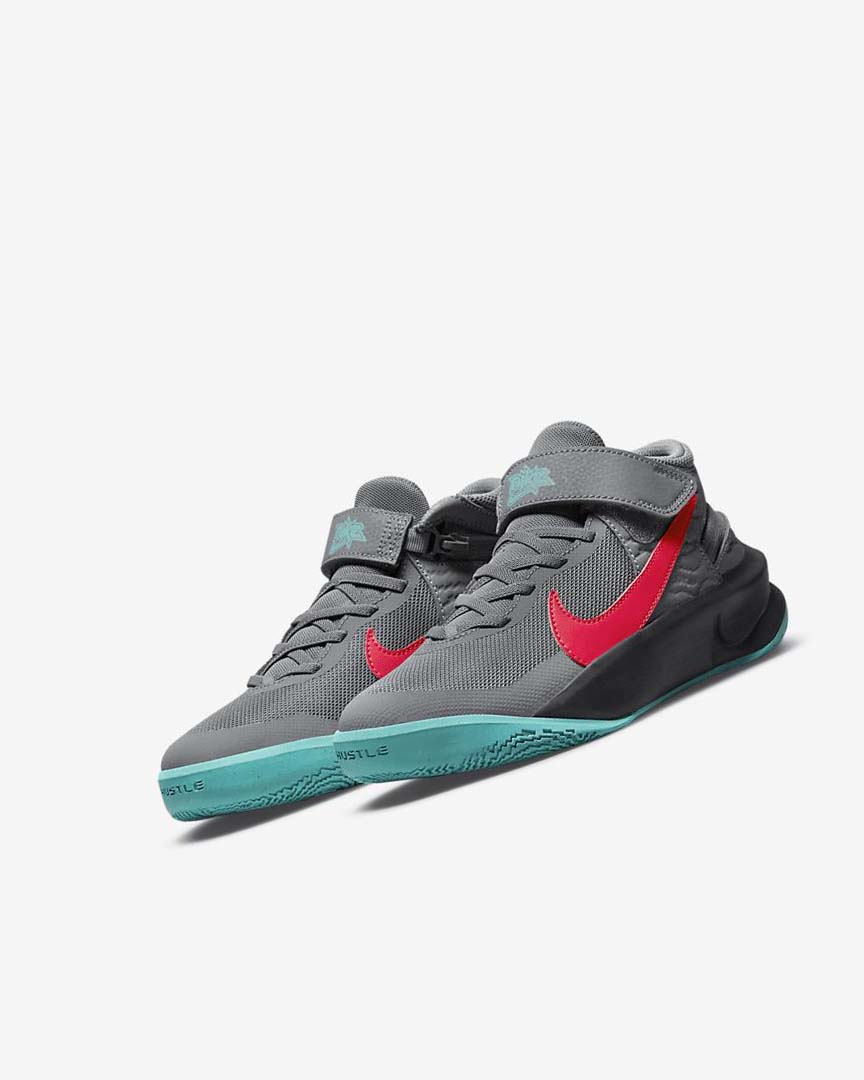 Grey / Dark Grey / Turquoise / Red Boys' Nike Team Hustle D 10 FlyEase Basketball Shoes | UK2614