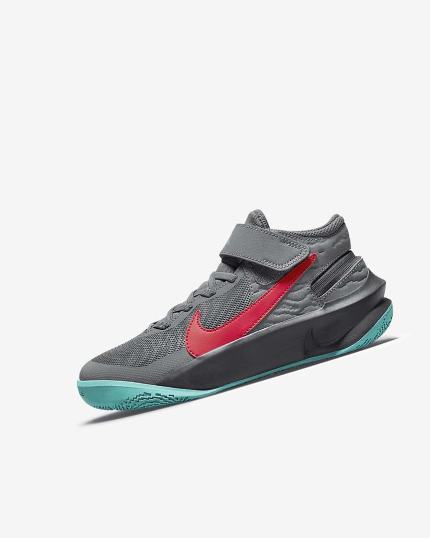 Grey / Dark Grey / Turquoise / Red Boys\' Nike Team Hustle D 10 FlyEase Basketball Shoes | UK2614