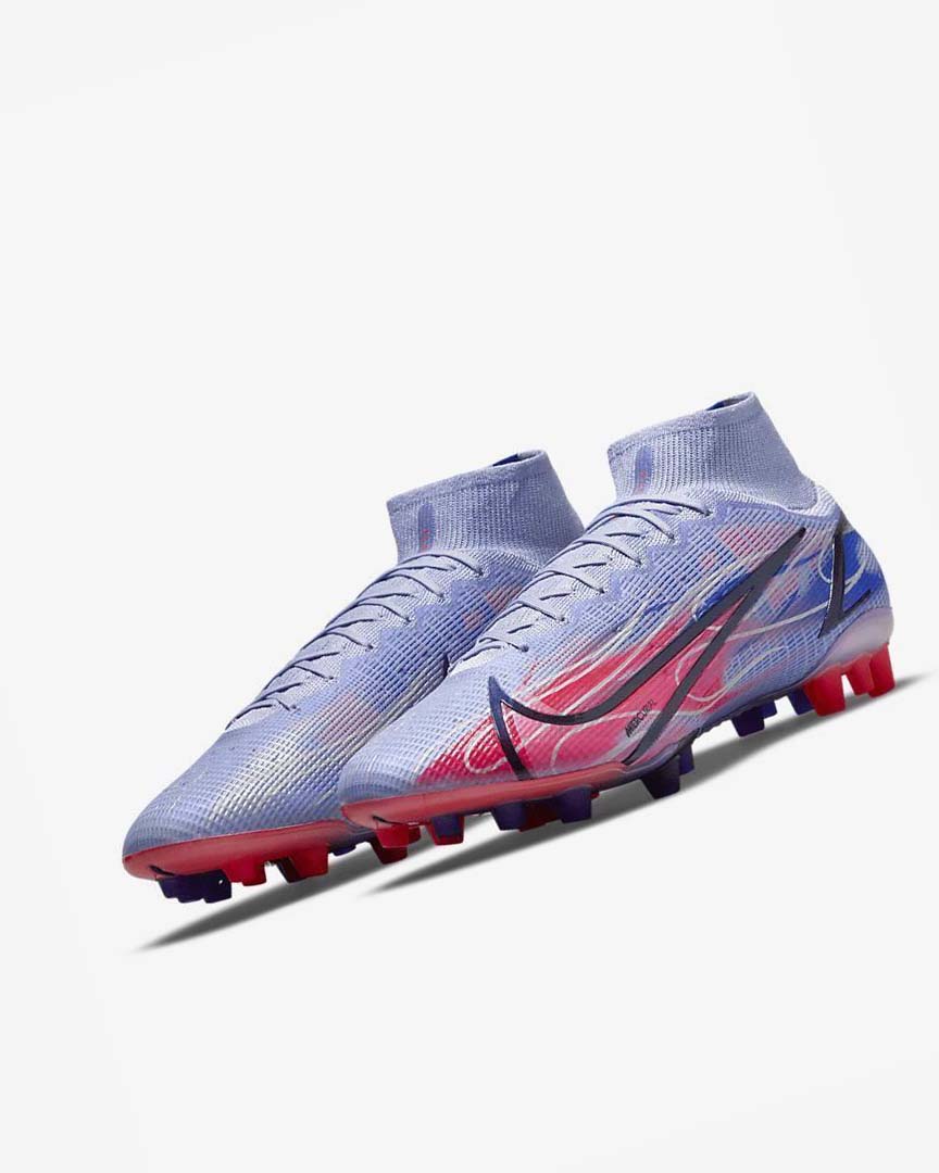 Indigo / Light Red / Metal Silver Men's Nike Mercurial Superfly 8 Elite KM AG Football Boots | UK3076