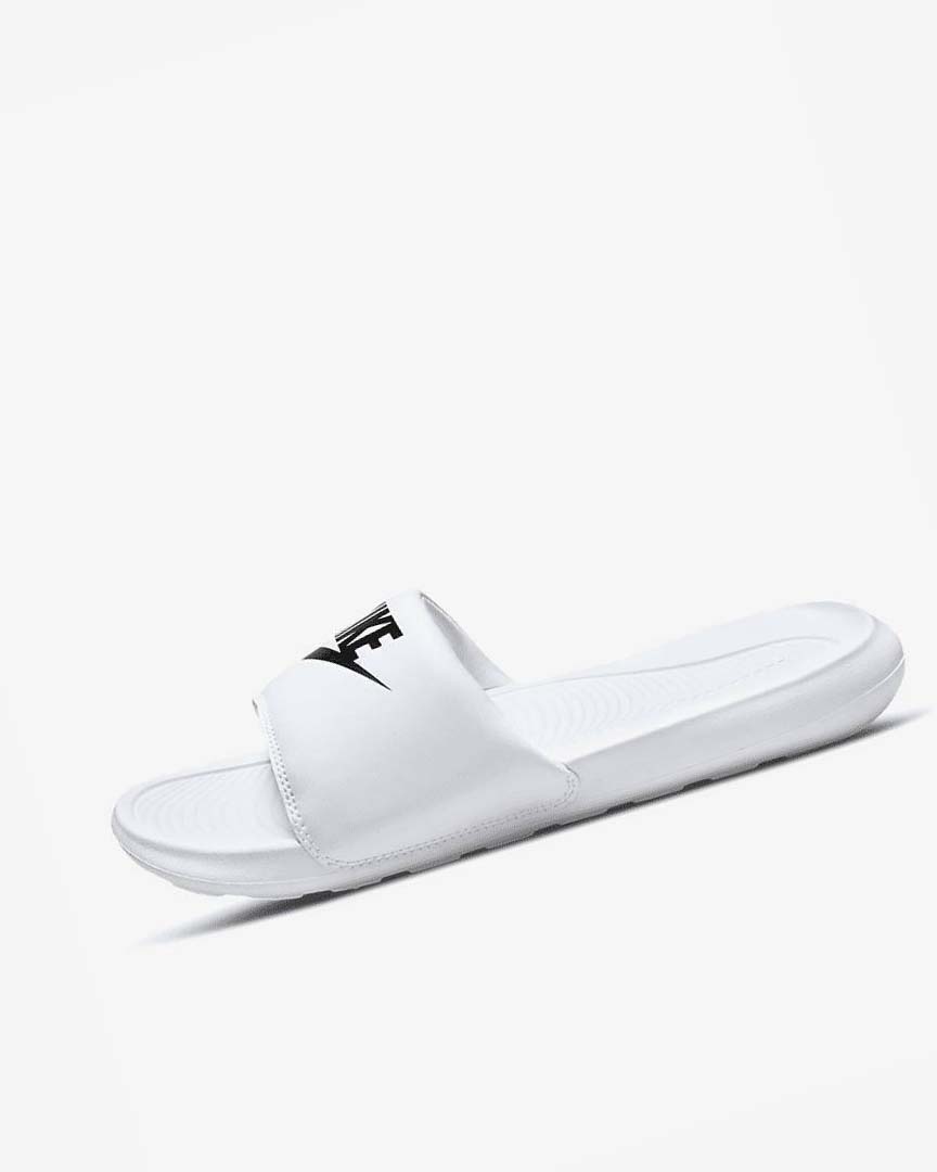 White / Black Men\'s Nike Victori One Slides | UK3247