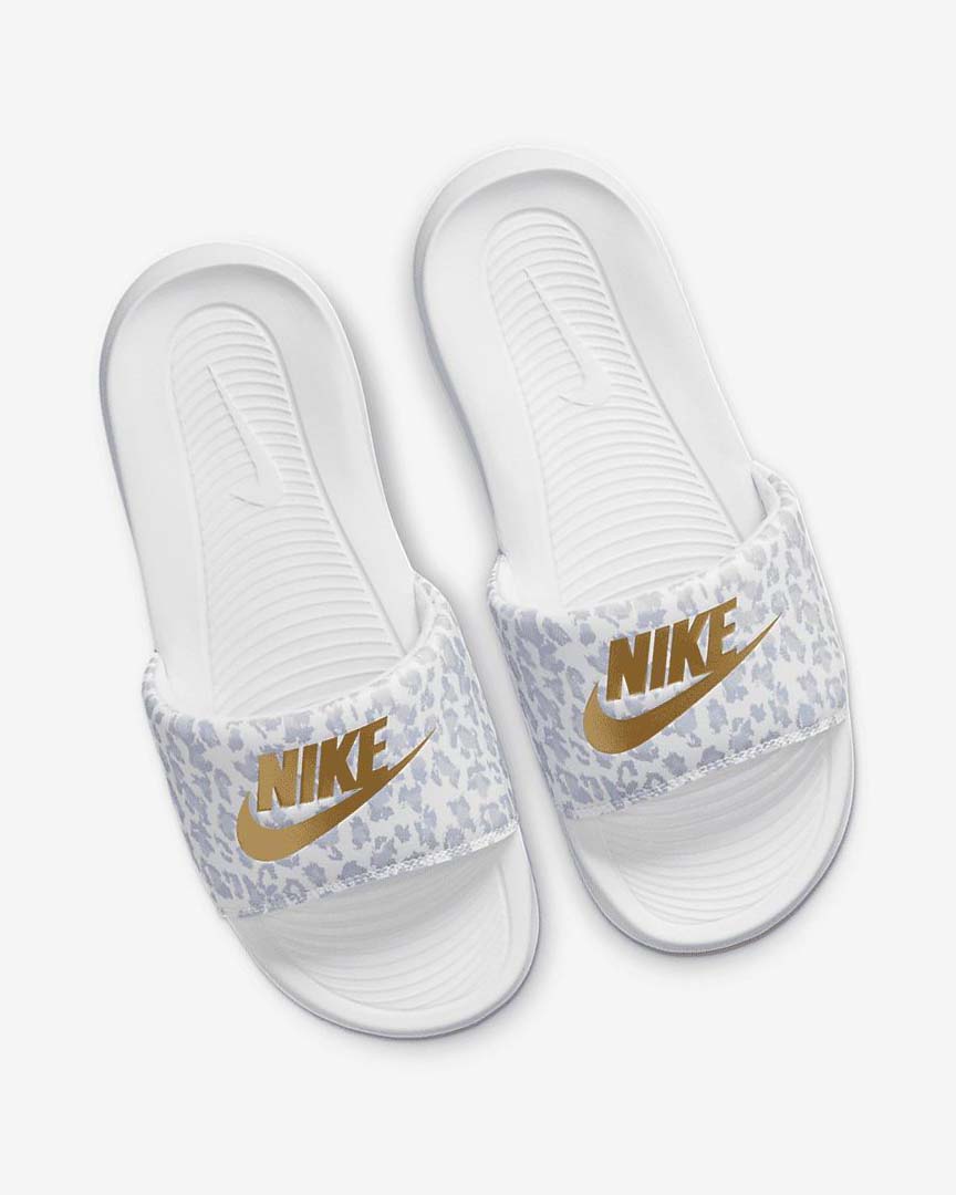 White / Grey / Platinum / Metal Gold Women's Nike Victori One Slides | UK2910