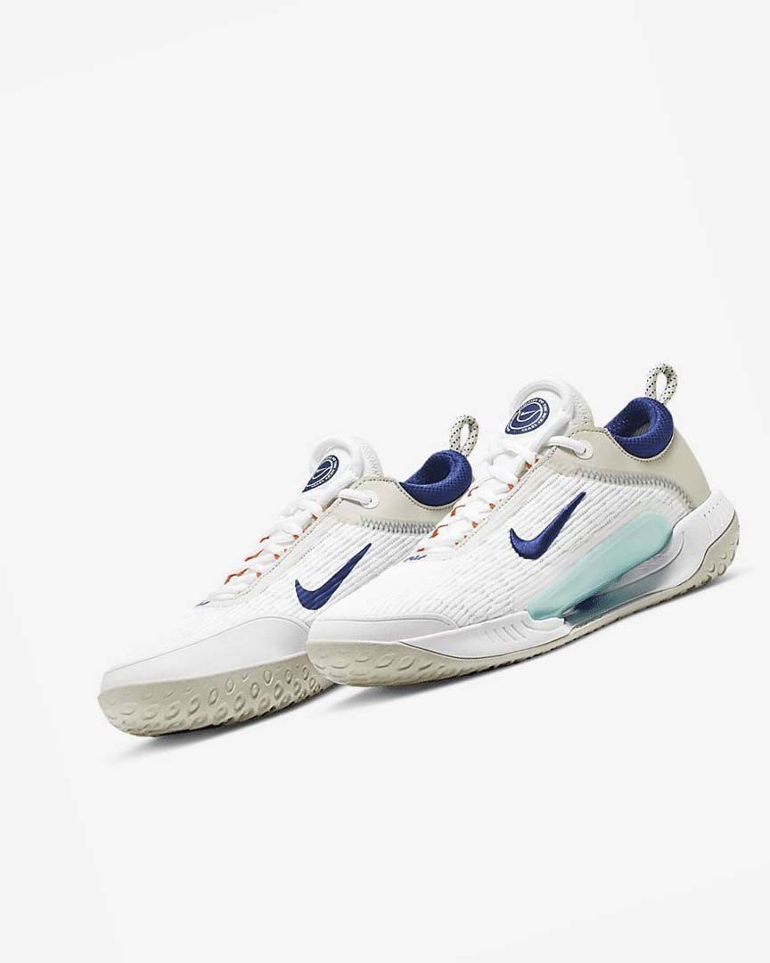 White / Light Beige / Turquoise / Deep Royal Blue Men's Nike Court Zoom NXT Tennis Shoes | UK4990